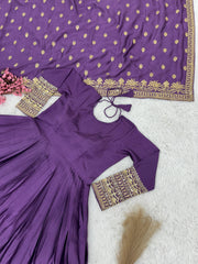 Marvelous Embroidery Sequence Work Purple Color Gown