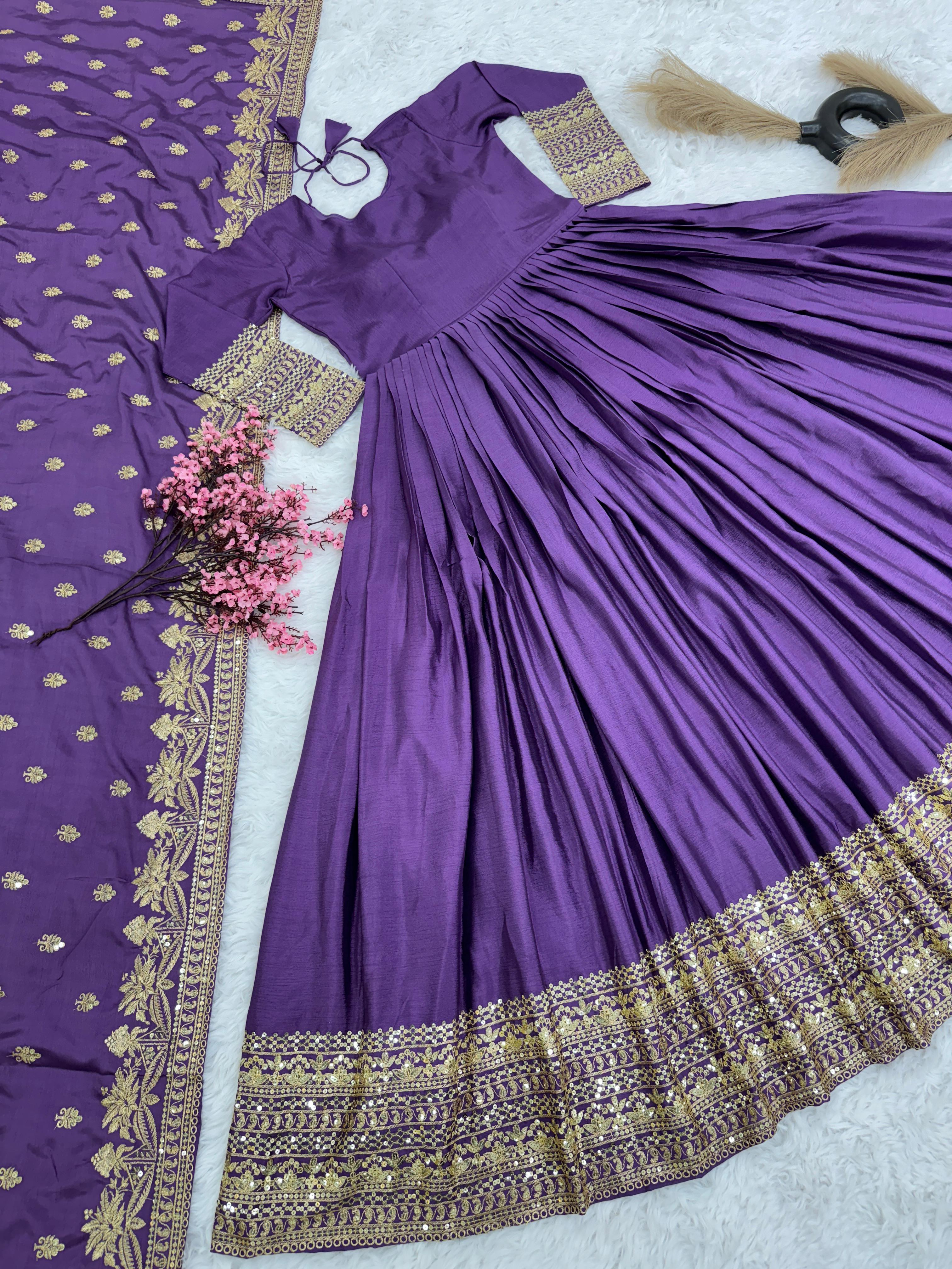 Marvelous Embroidery Sequence Work Purple Color Gown