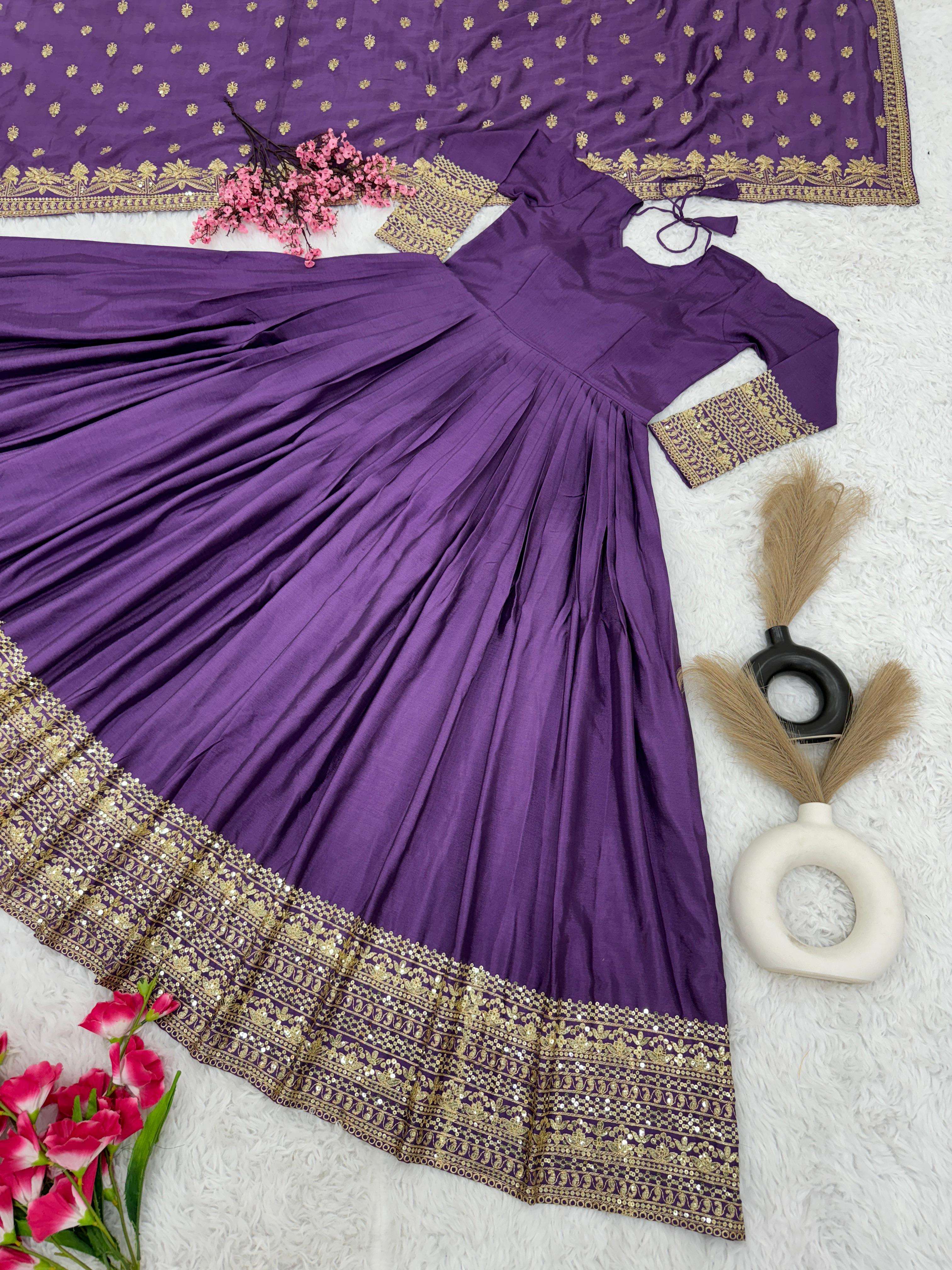 Marvelous Embroidery Sequence Work Purple Color Gown