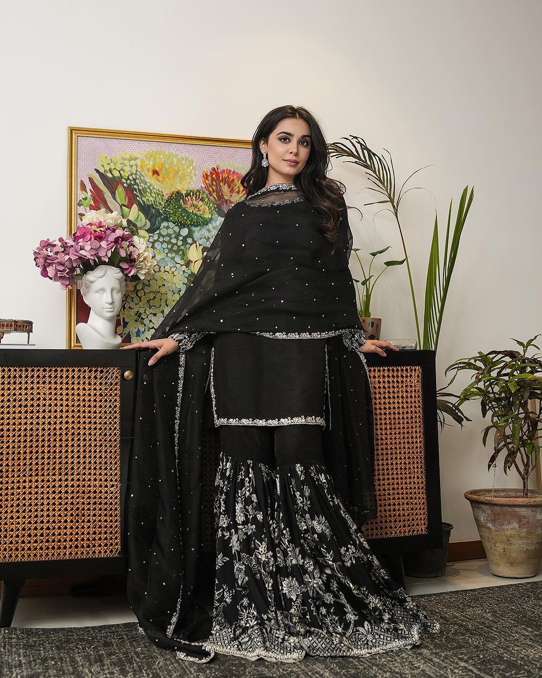 Shining Embroidery Sequence Work Black Color Sharara Suit