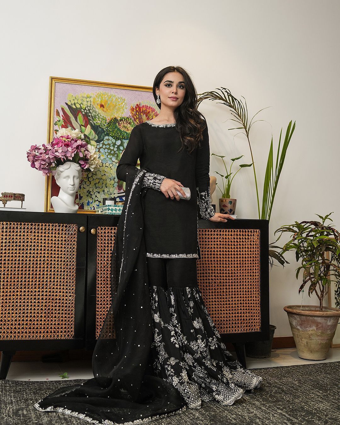 Shining Embroidery Sequence Work Black Color Sharara Suit