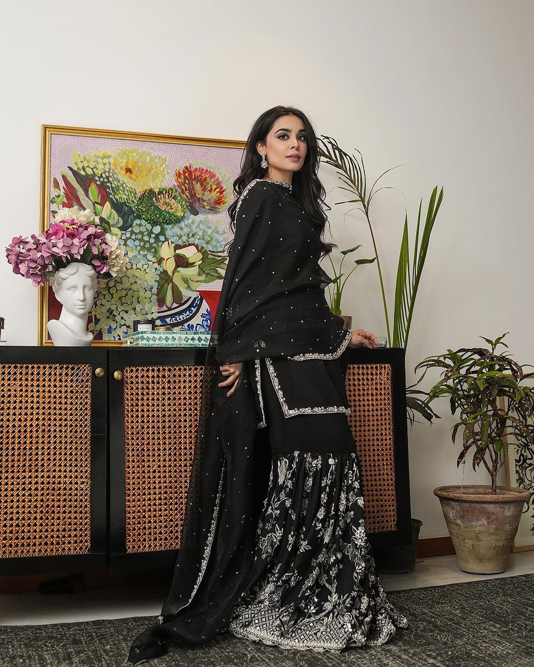 Shining Embroidery Sequence Work Black Color Sharara Suit