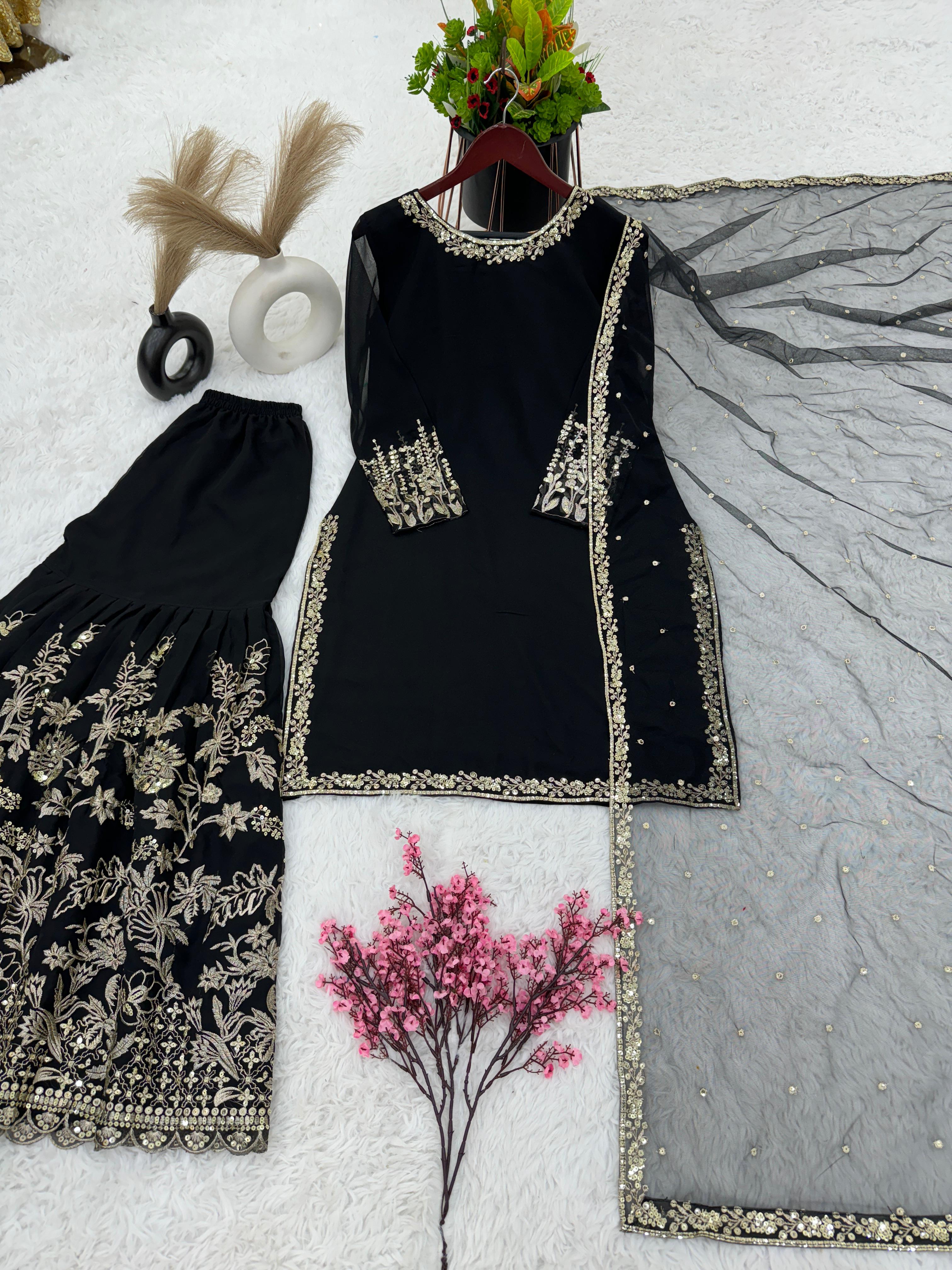 Shining Embroidery Sequence Work Black Color Sharara Suit