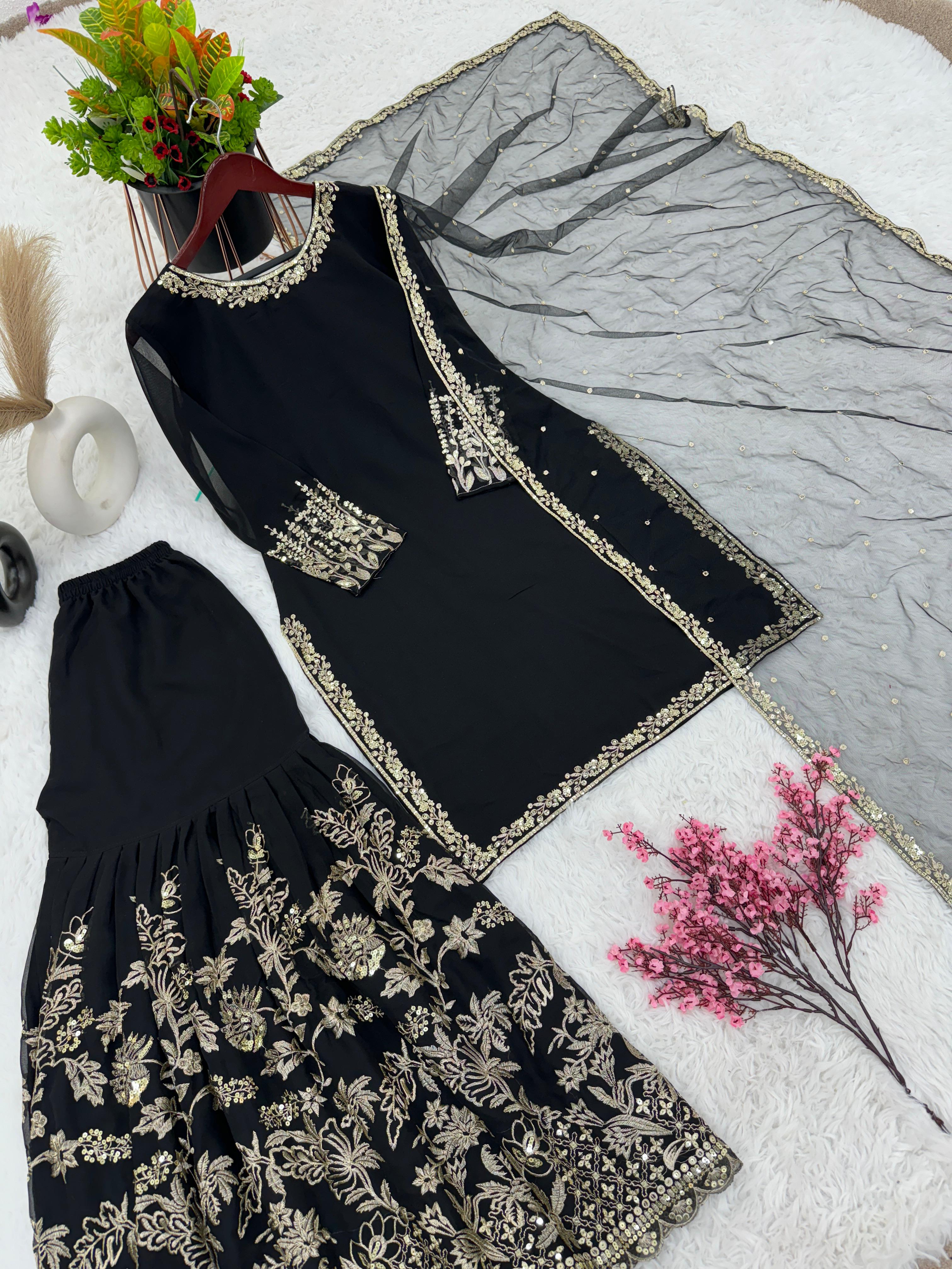 Shining Embroidery Sequence Work Black Color Sharara Suit