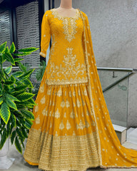 Presenting Embroidery Sequence Work Yellow Color Top With Lehenga