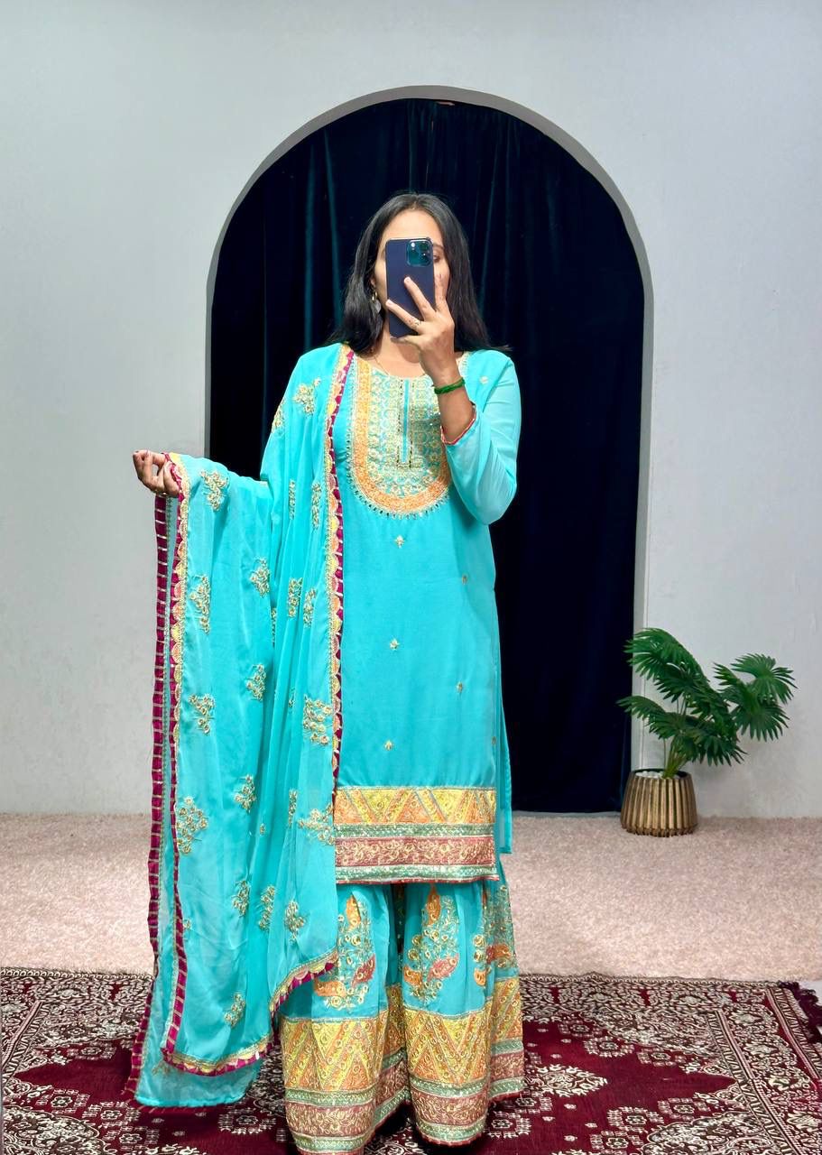 Wonderful Embroidery Work Sky Blue Color Palazzo Suit