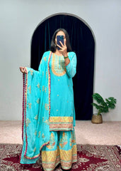 Wonderful Embroidery Work Sky Blue Color Palazzo Suit