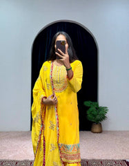 Wonderful Embroidery Work Yellow Color Palazzo Suit