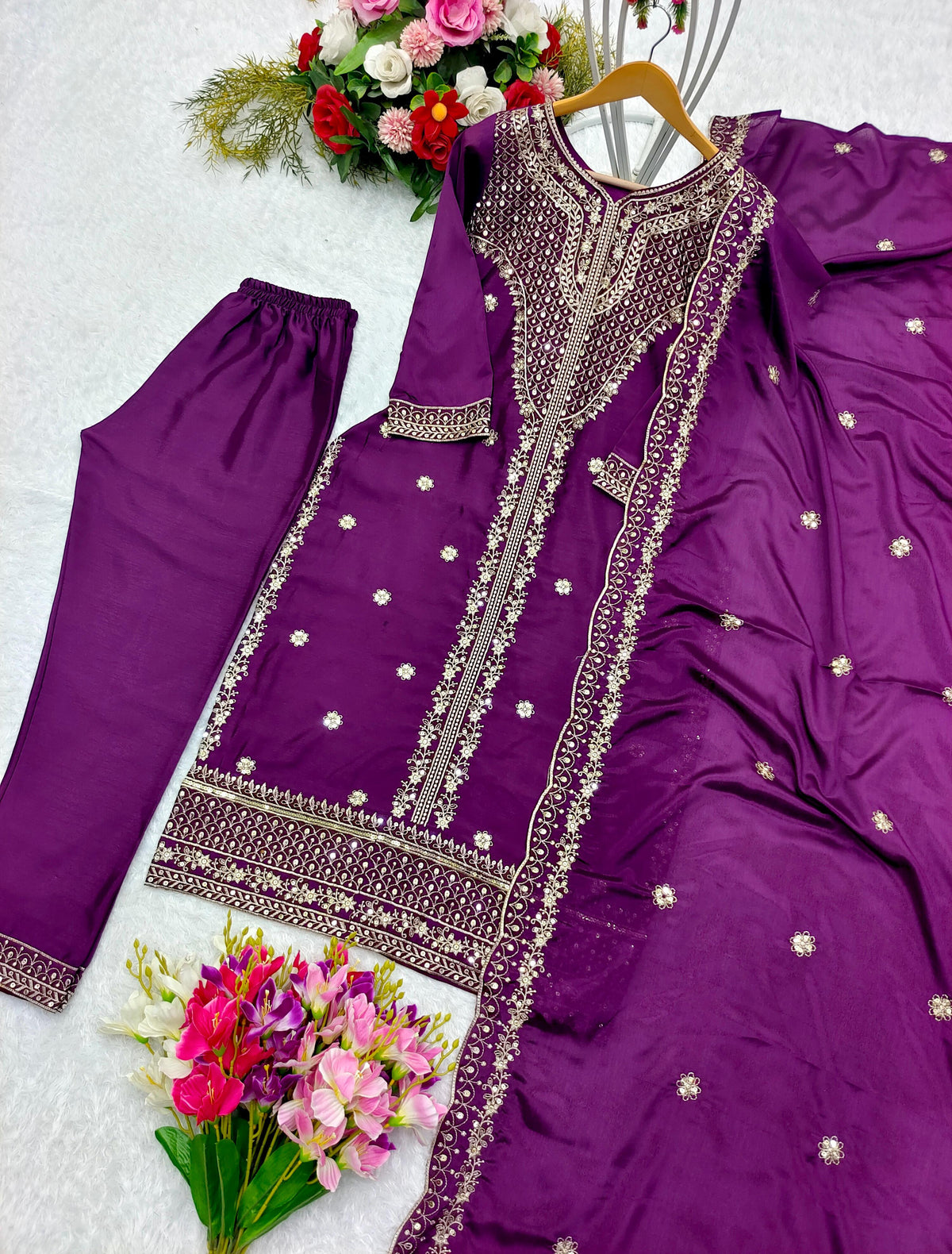 Preferable Embroidery Work Purple Color Anarkali Suit