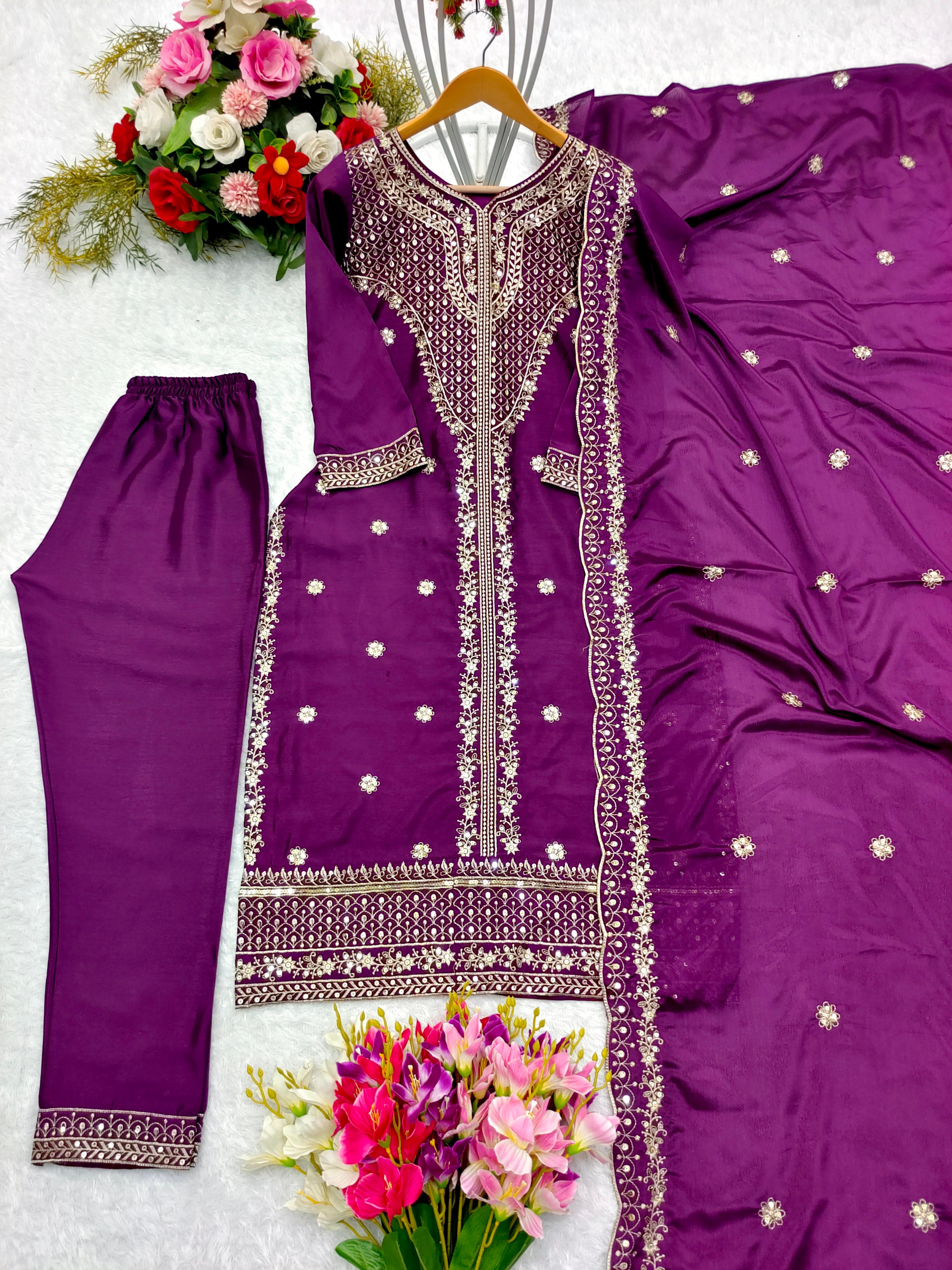 Preferable Embroidery Work Purple Color Anarkali Suit