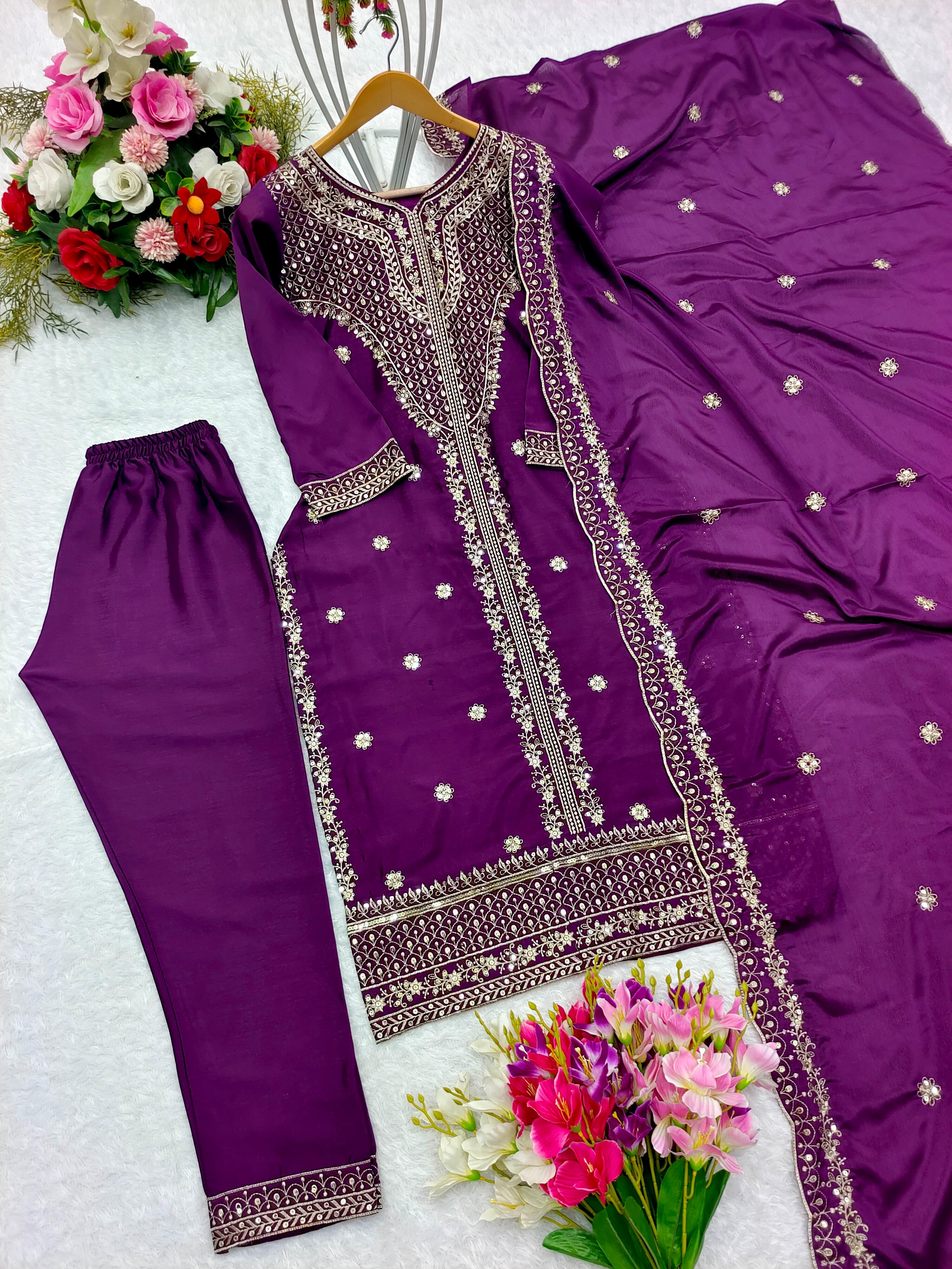 Preferable Embroidery Work Purple Color Anarkali Suit