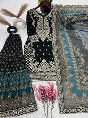 Innovative Black Color Embroidery Work Sharara Suit
