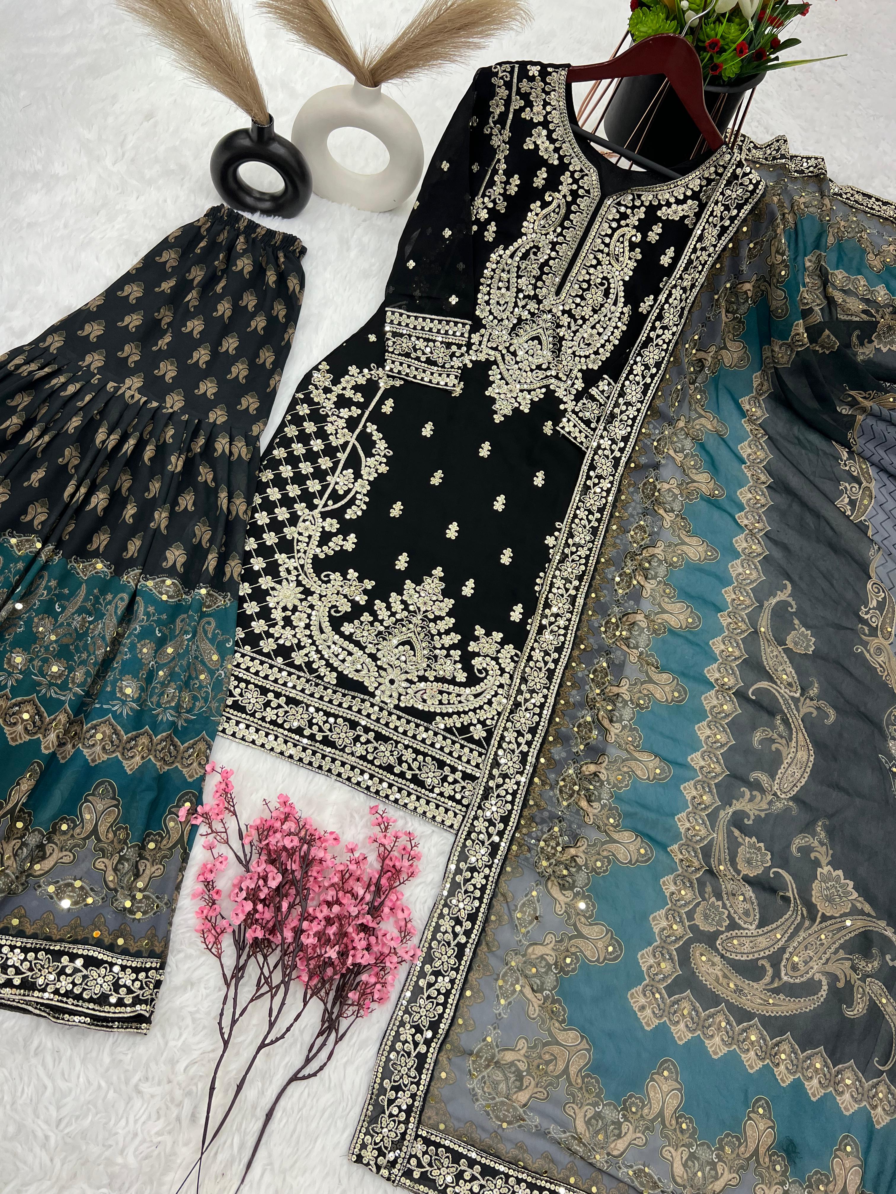Innovative Black Color Embroidery Work Sharara Suit