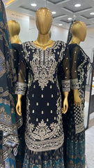 Innovative Black Color Embroidery Work Sharara Suit