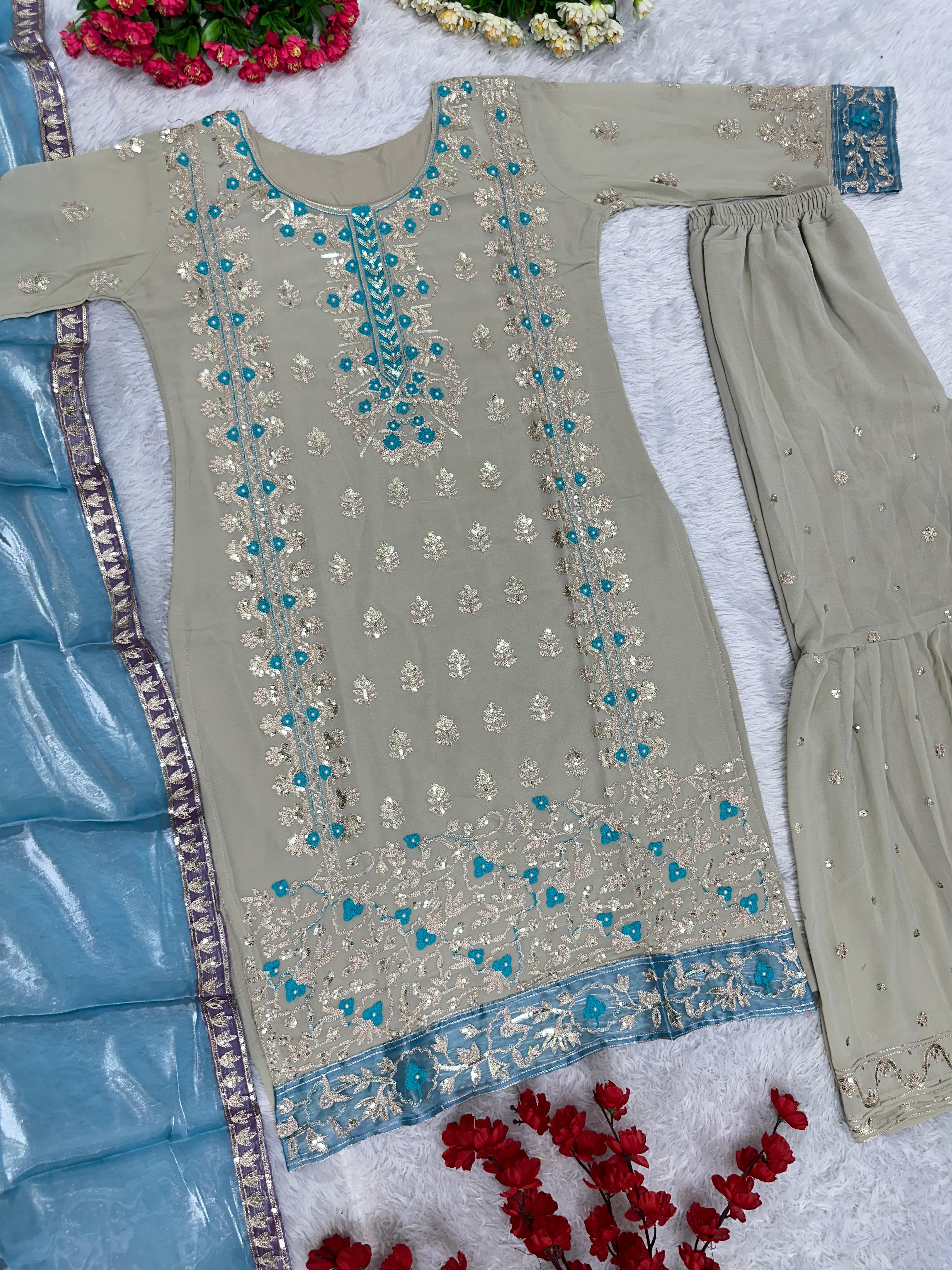 Stylish Beige Color Sequence Work Sharara Suit