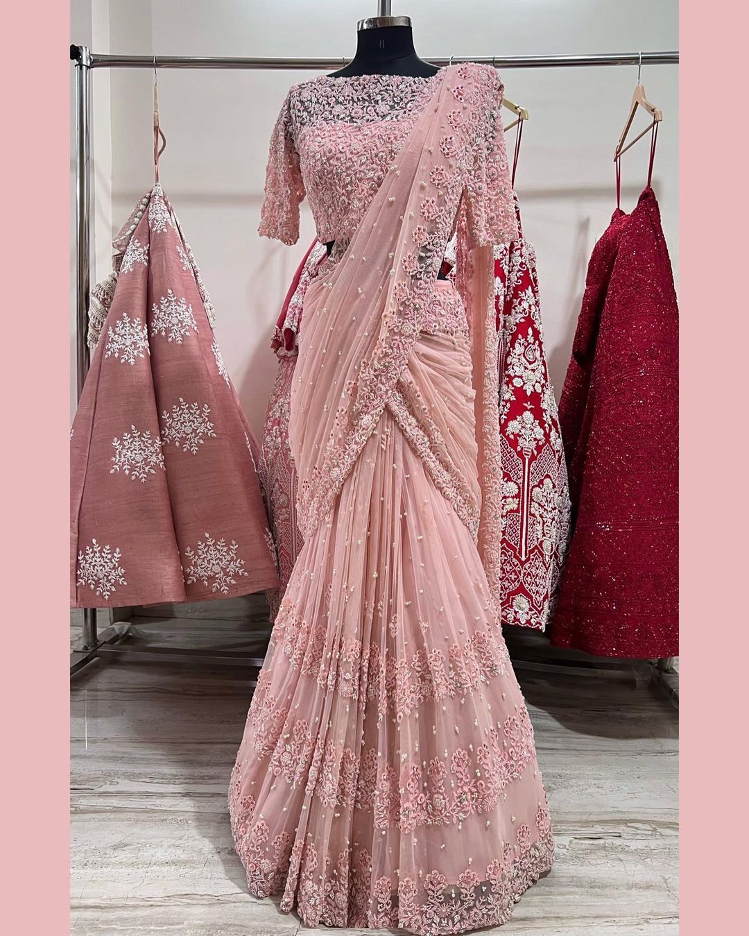 Exclusive Pin Color Pearl Work Net Saree