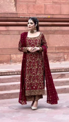 Ceremony Wear Sequence Work Maroon Color Kurti Set With Dupatta