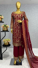 Ceremony Wear Sequence Work Maroon Color Kurti Set With Dupatta