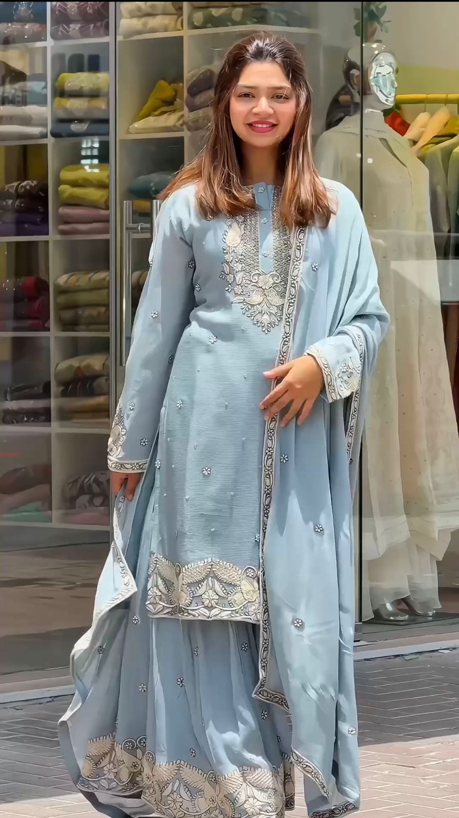 Embellished Sky Blue Color Embroidery Work Fancy Sharara Suit
