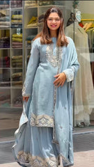 Embellished Sky Blue Color Embroidery Work Fancy Sharara Suit