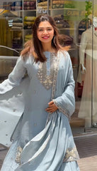 Embellished Sky Blue Color Embroidery Work Fancy Sharara Suit