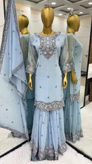 Embellished Sky Blue Color Embroidery Work Fancy Sharara Suit