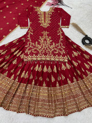 Presenting Embroidery Sequence Work Maroon Color Top With Lehenga