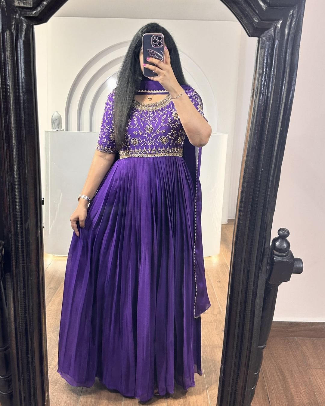 Designer Purple Embroidery With Mirror Work Gown