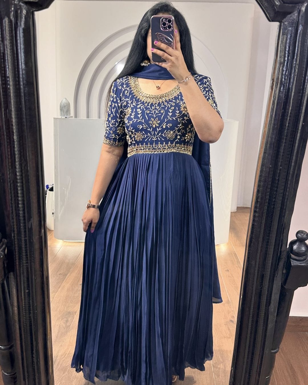 Designer Navy Blue Embroidery With Mirror Work Gown