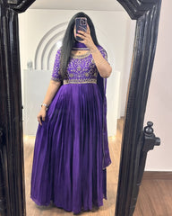 Designer Purple Embroidery With Mirror Work Gown