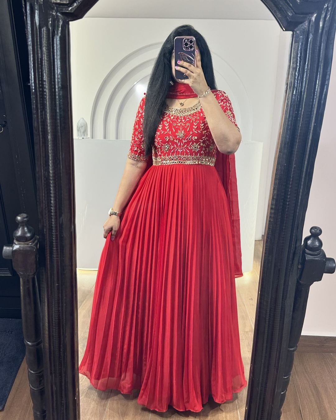 Designer Red Embroidery With Mirror Work Gown