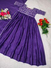 Designer Purple Embroidery With Mirror Work Gown