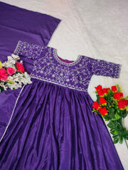 Designer Purple Embroidery With Mirror Work Gown