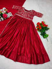 Designer Red Embroidery With Mirror Work Gown