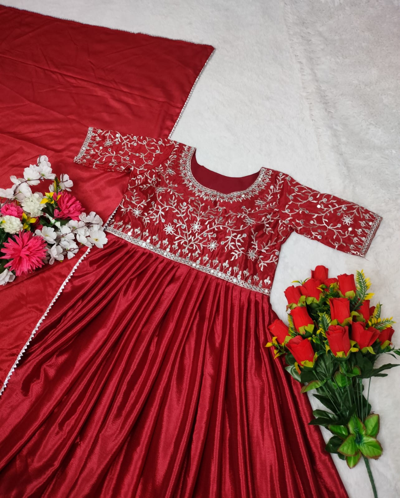 Designer Red Embroidery With Mirror Work Gown