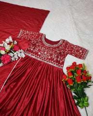 Designer Red Embroidery With Mirror Work Gown