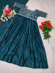 Designer Teal Blue Embroidery With Mirror Work Gown