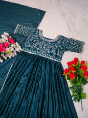 Designer Teal Blue Embroidery With Mirror Work Gown