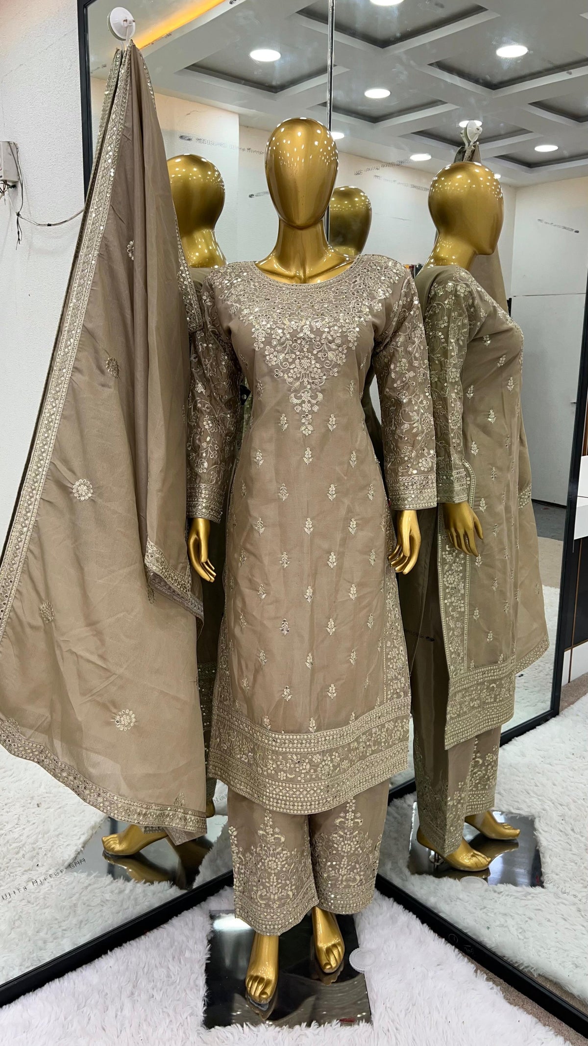 Outstanding Sequence Work Beige Color Palazzo Suit