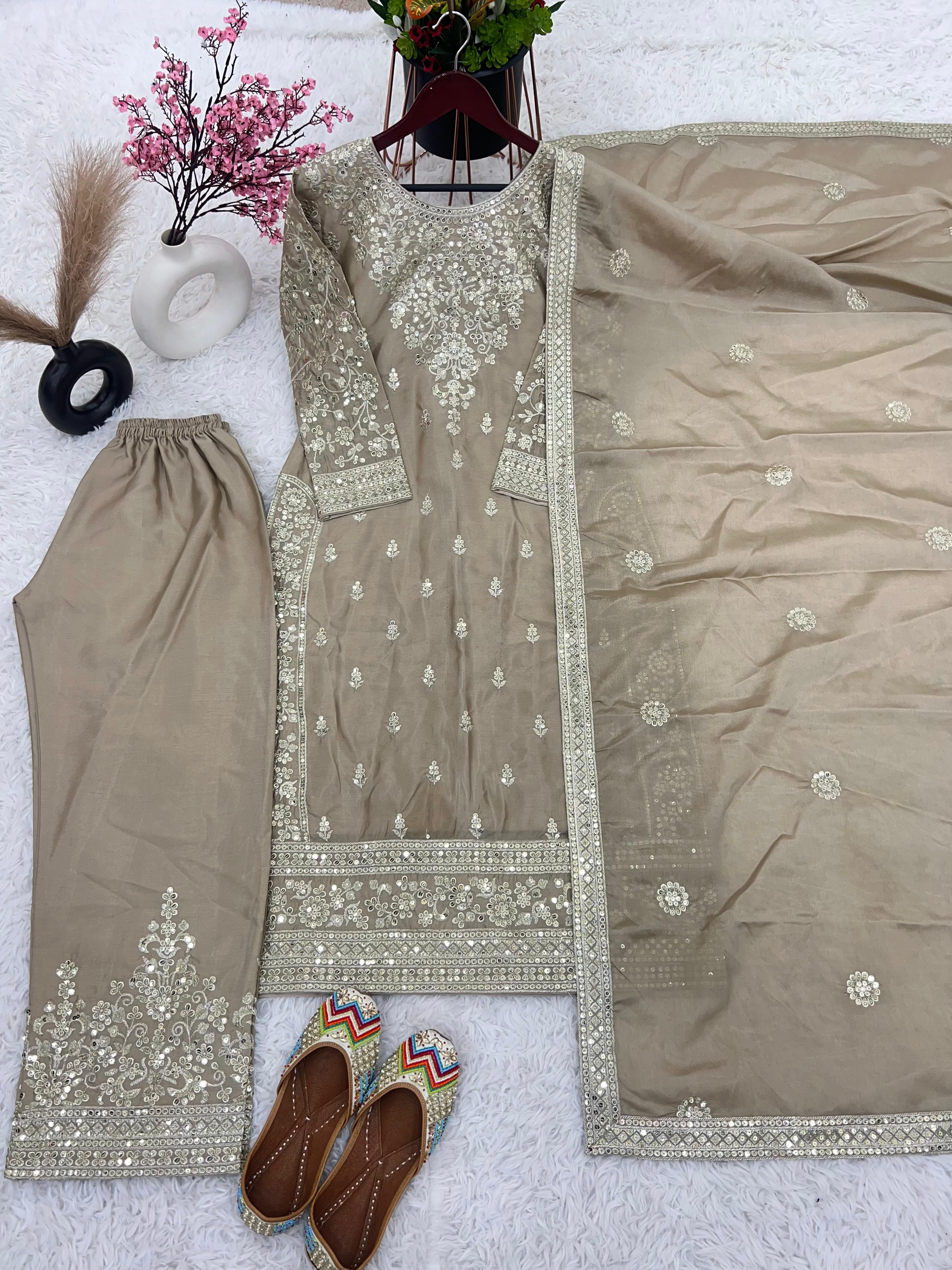 Outstanding Sequence Work Beige Color Palazzo Suit