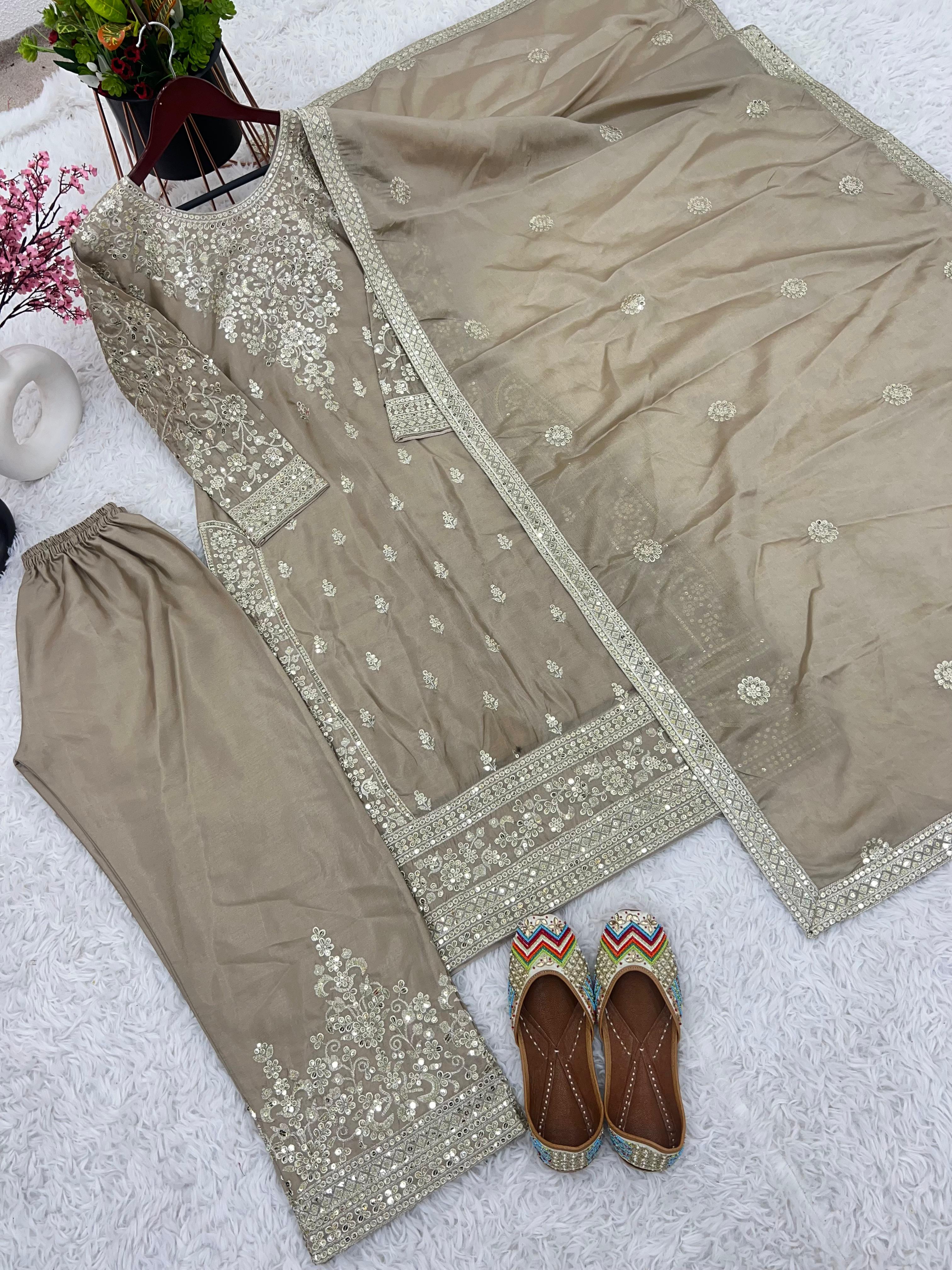 Outstanding Sequence Work Beige Color Palazzo Suit