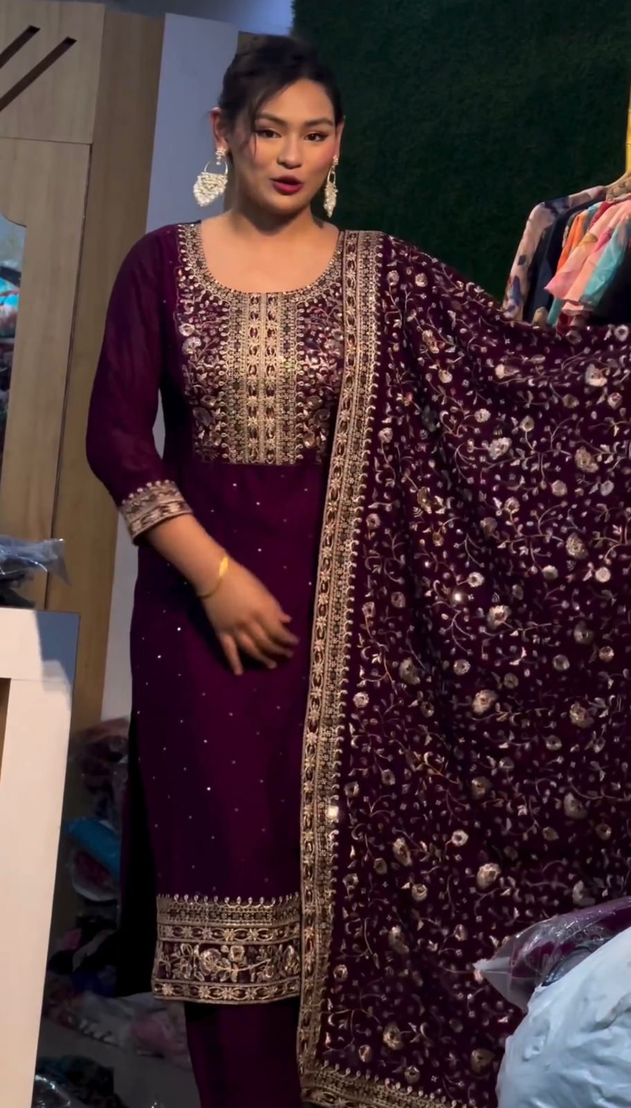 Adorable Chinon Silk Sequence Work Wine Color Salwar Suit