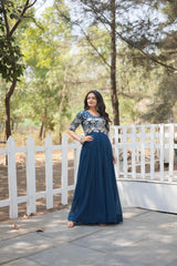 Elegant Teal Blue Color Embroidery Zari Sequence Work Gown