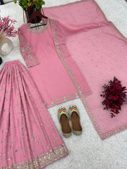 Fantastic Embroidery Sequence Work Pink Color Top With Plazzo Suit
