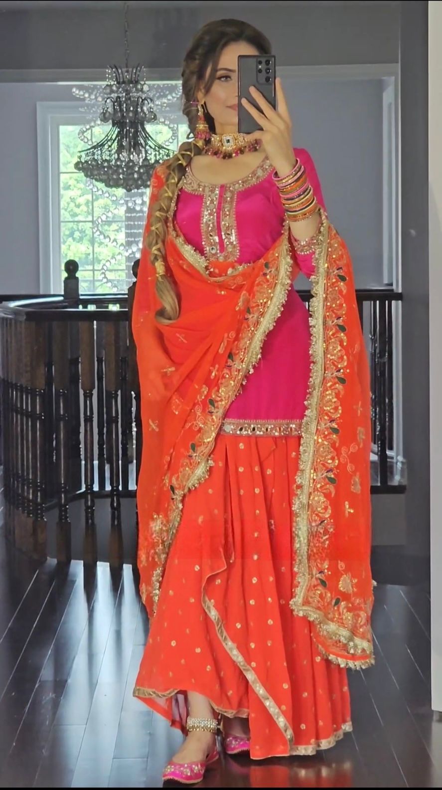 Georgette Sequence Work Pink With Orange Lehenga Suit