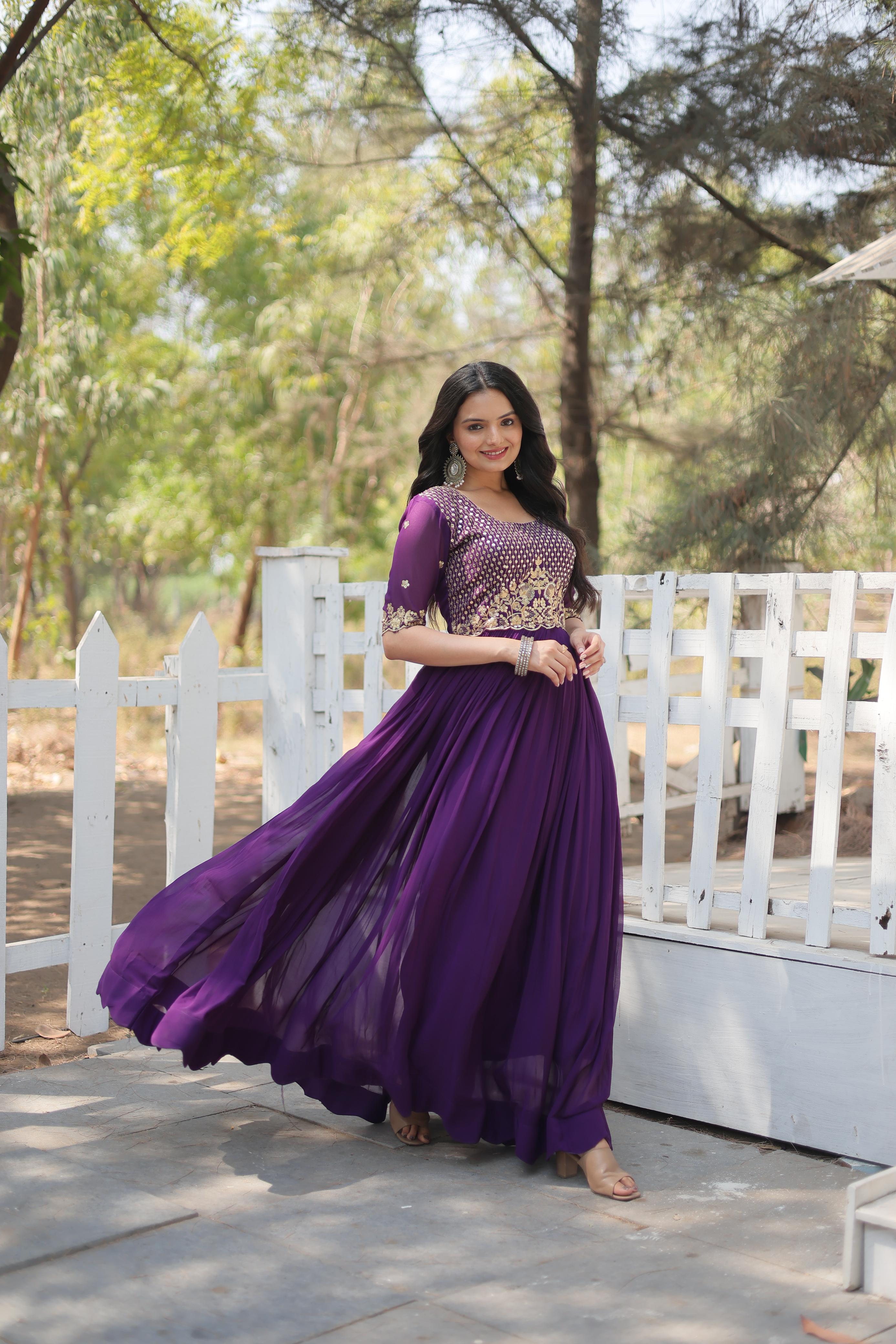 Embroidery Zari Work Purple Color Long Stylish Gown