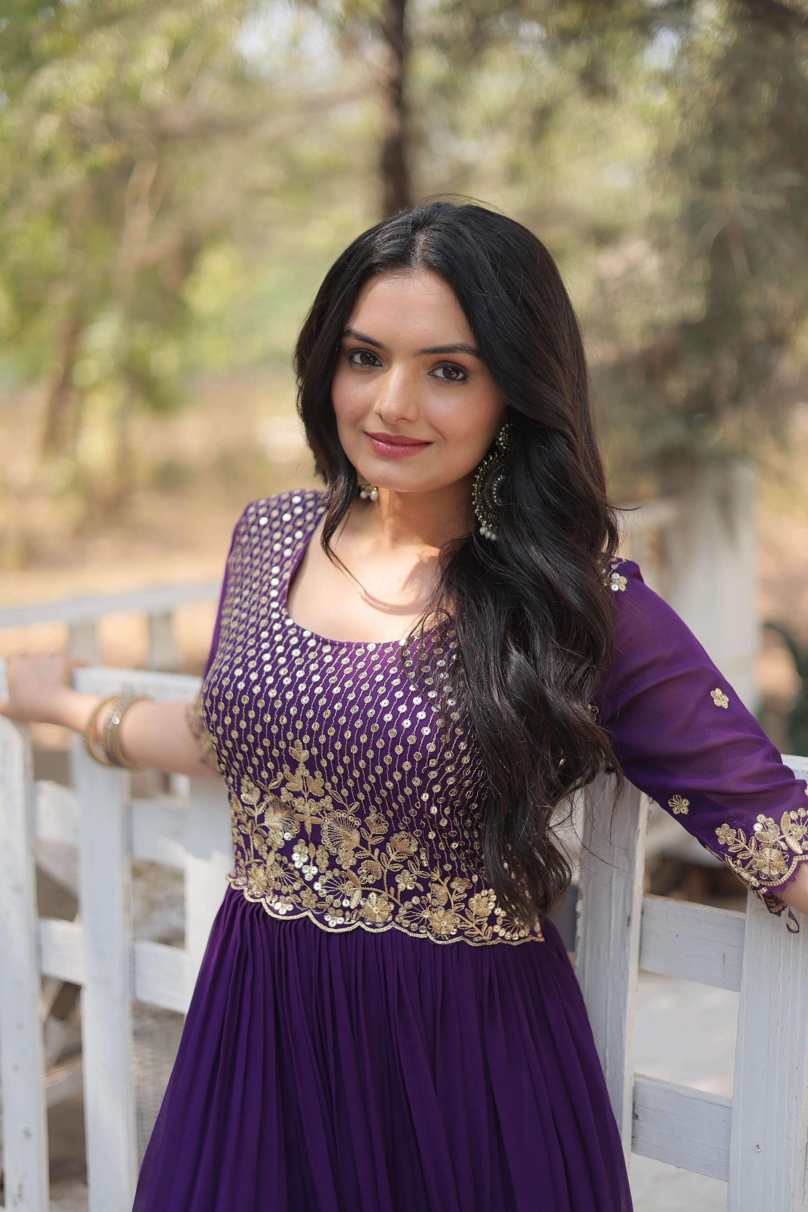 Embroidery Zari Work Purple Color Long Stylish Gown