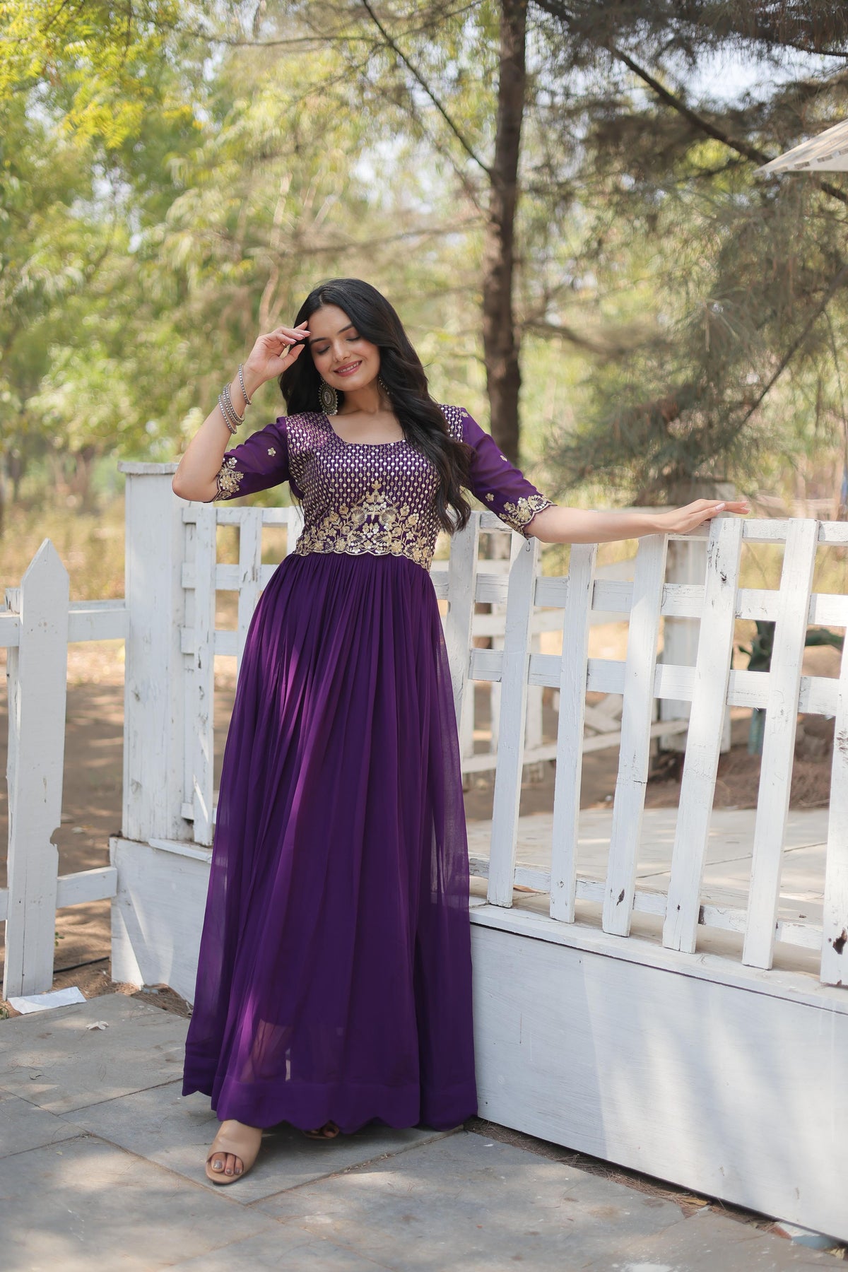 Embroidery Zari Work Purple Color Long Stylish Gown
