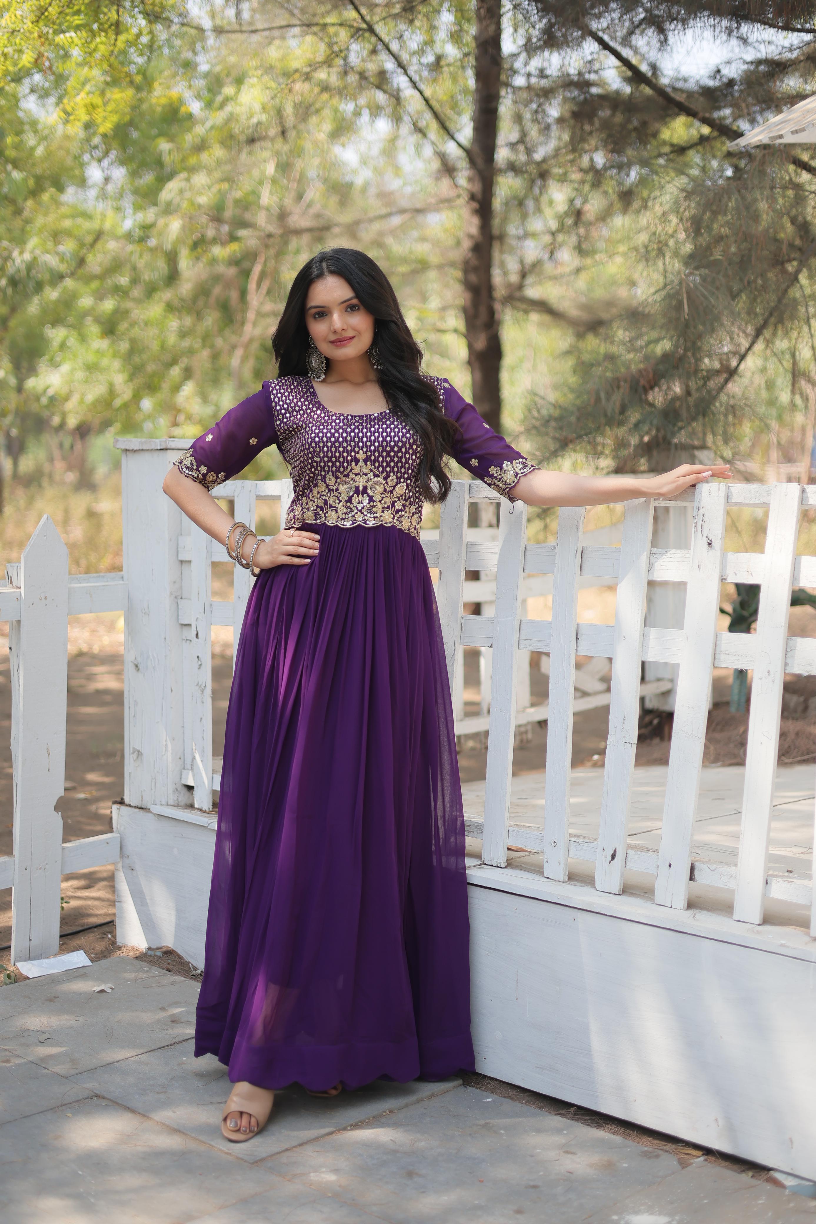Embroidery Zari Work Purple Color Long Stylish Gown