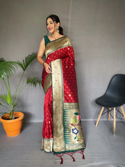 Fashionable Paithani Silk Red Zari Weaving Work Saree